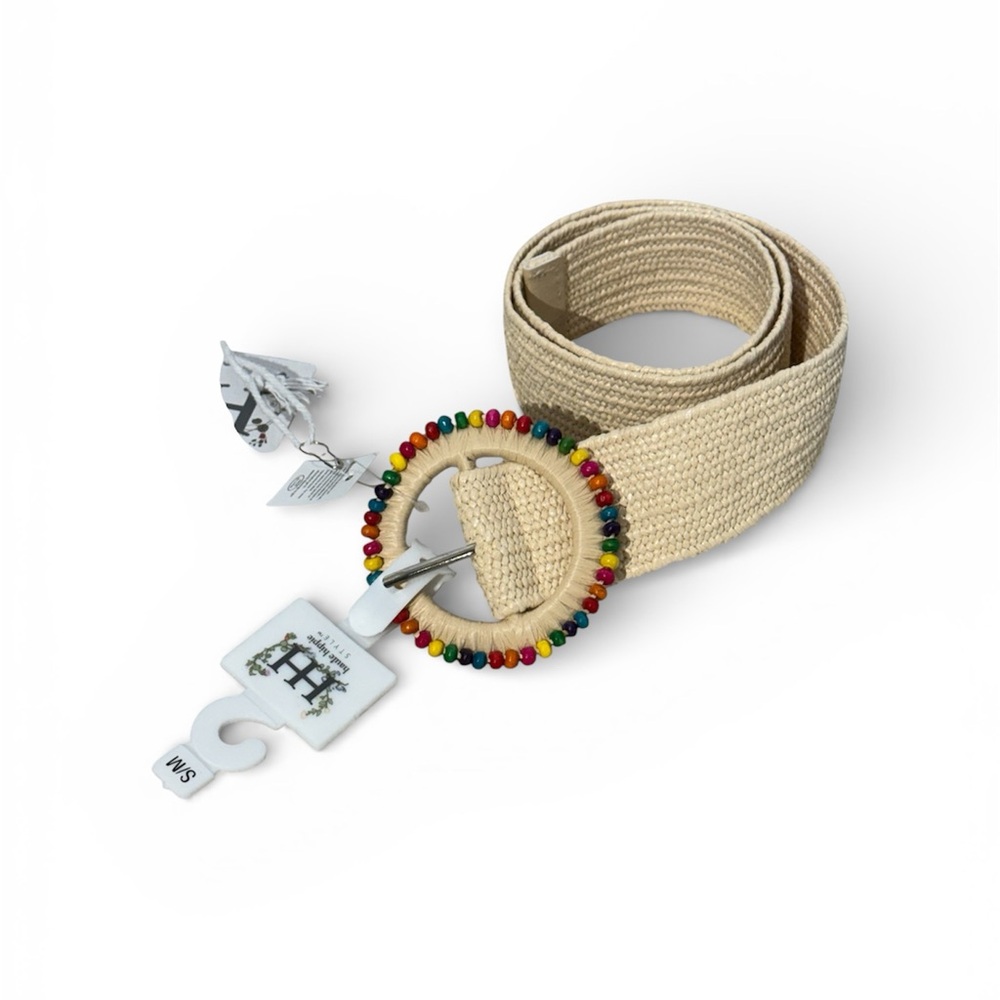 Haute Hippie Cream Woven Belt with Colorful Beaded Buckle